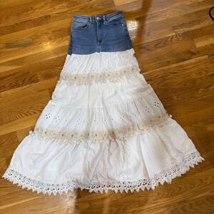 Sexy Woman Denim And Lace Maxi Skirt Y2K Cottage Core Boho Tiered White Eyelet